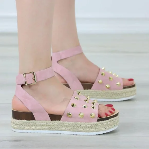 Dusty Pink Nubuck Metal Stud Sandals Espadrille Platform Heel - Picture 11 of 13